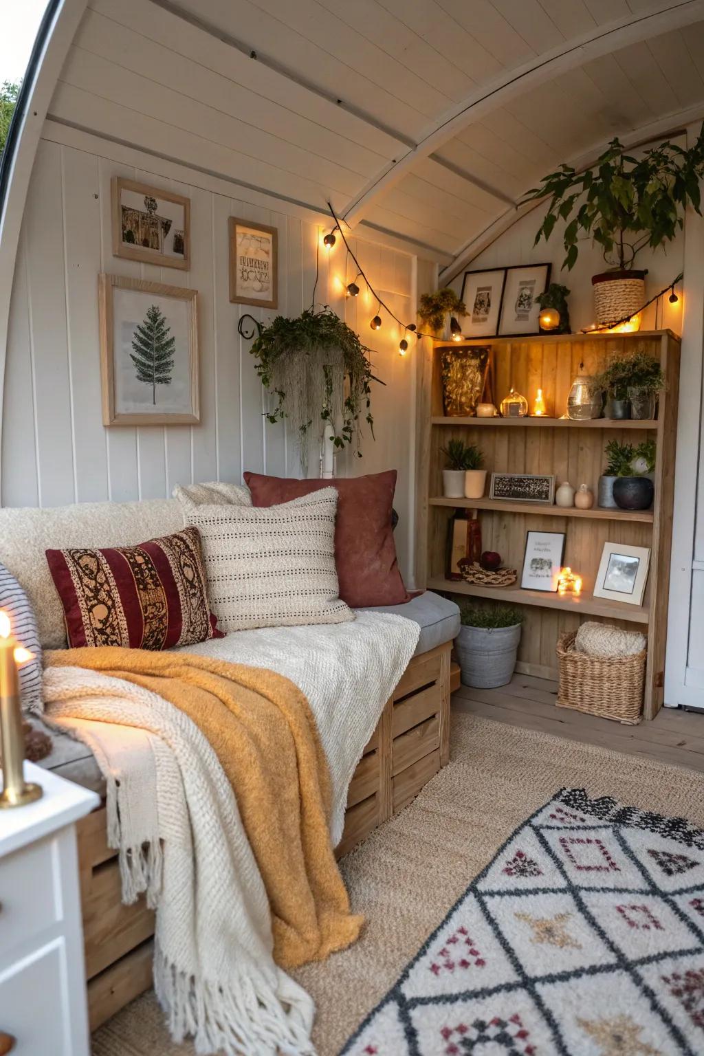 A she-space with personal touches and cozy textiles for relaxation.