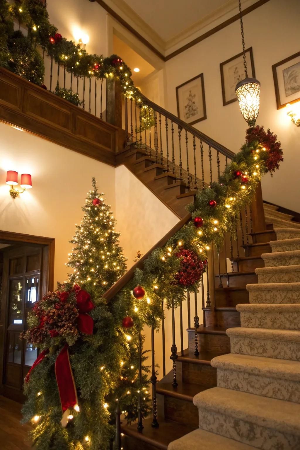 A staircase evolves into a merry focal feature via a dense wreath.