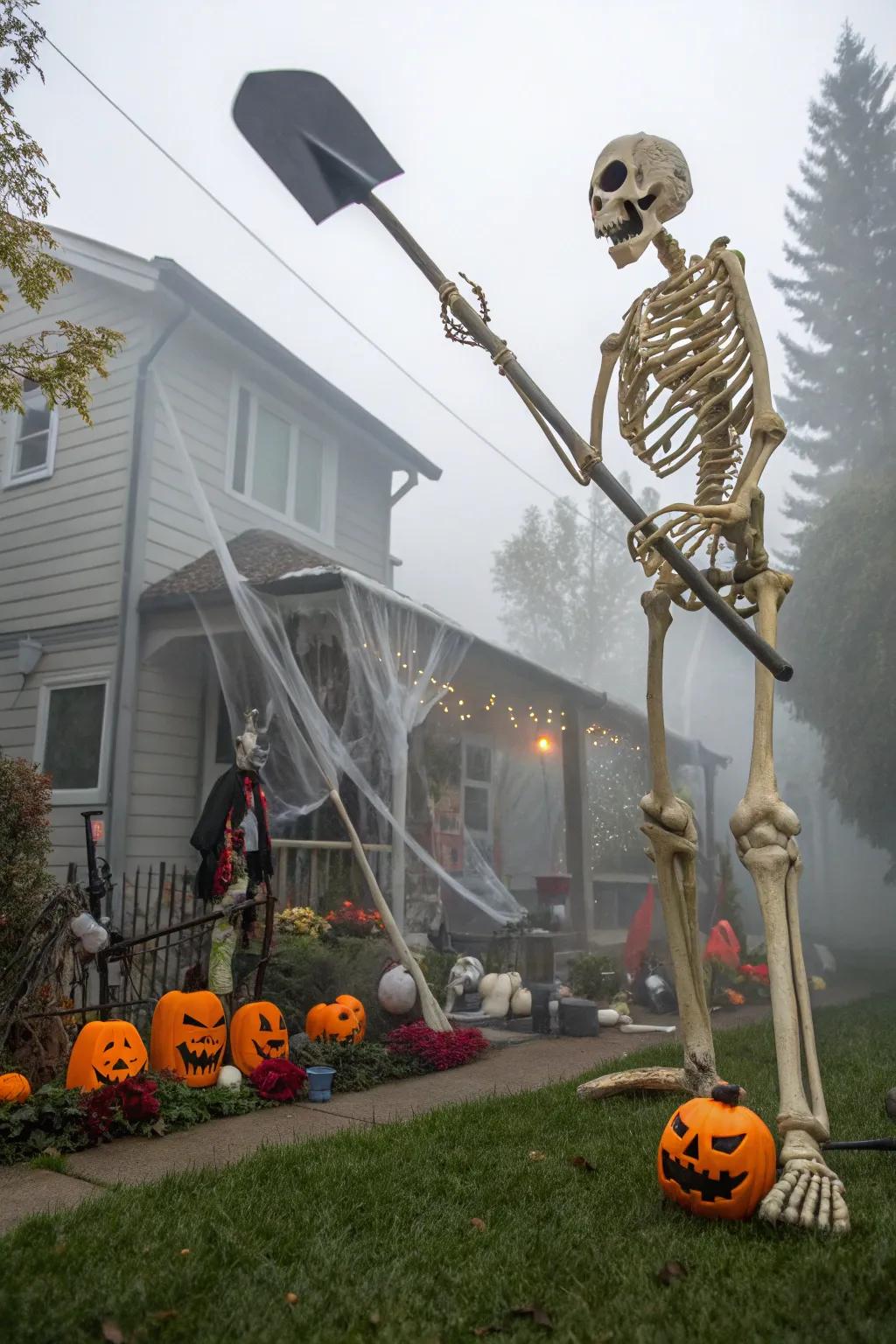 Big decorations add a dynamic element to the skeleton display.