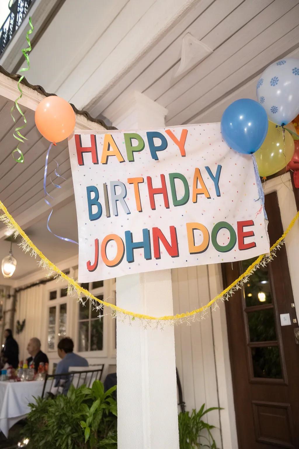 A custom greeting streamer adds a heartfelt sentiment to your party decorations.