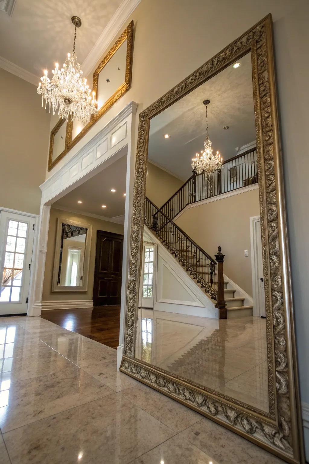 An expansive reflective glass deepens dimensions and bounces light across the entryway.