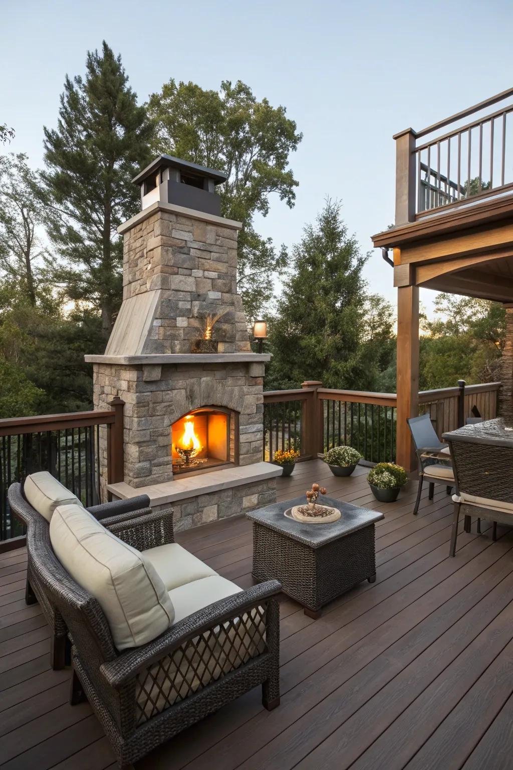 A deck showcasing a fire element, creating an inviting and warm setting.