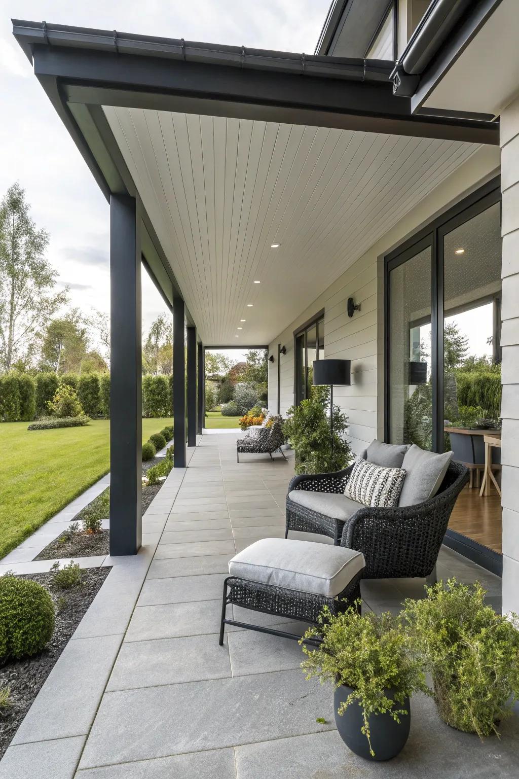 A sheltered space incorporates practicality and flair to a modern porch.