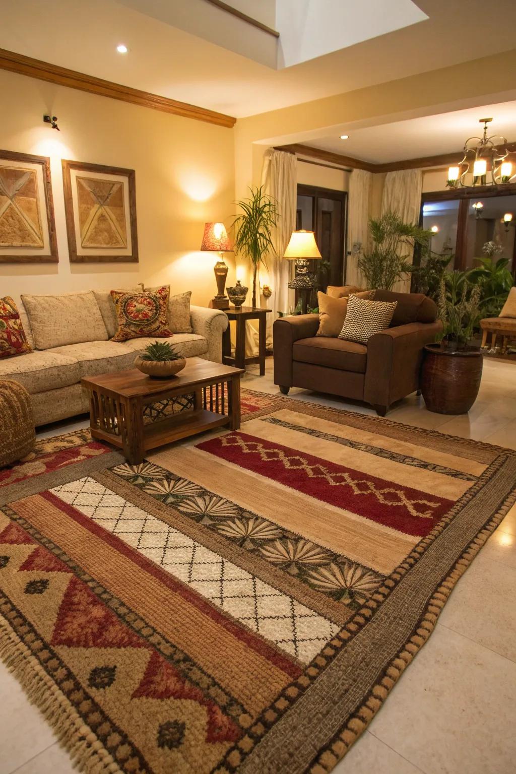 Depth is added and separate areas are created using area rugs.