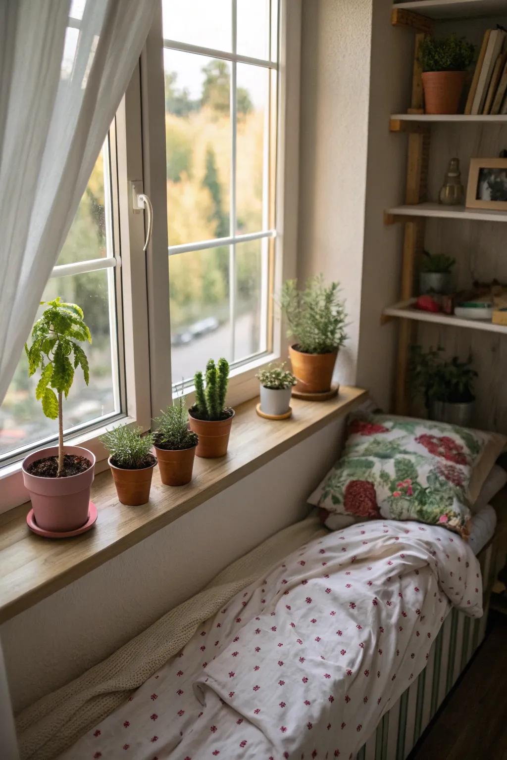 Greens contribute a refreshing and natural element to the bedroom.