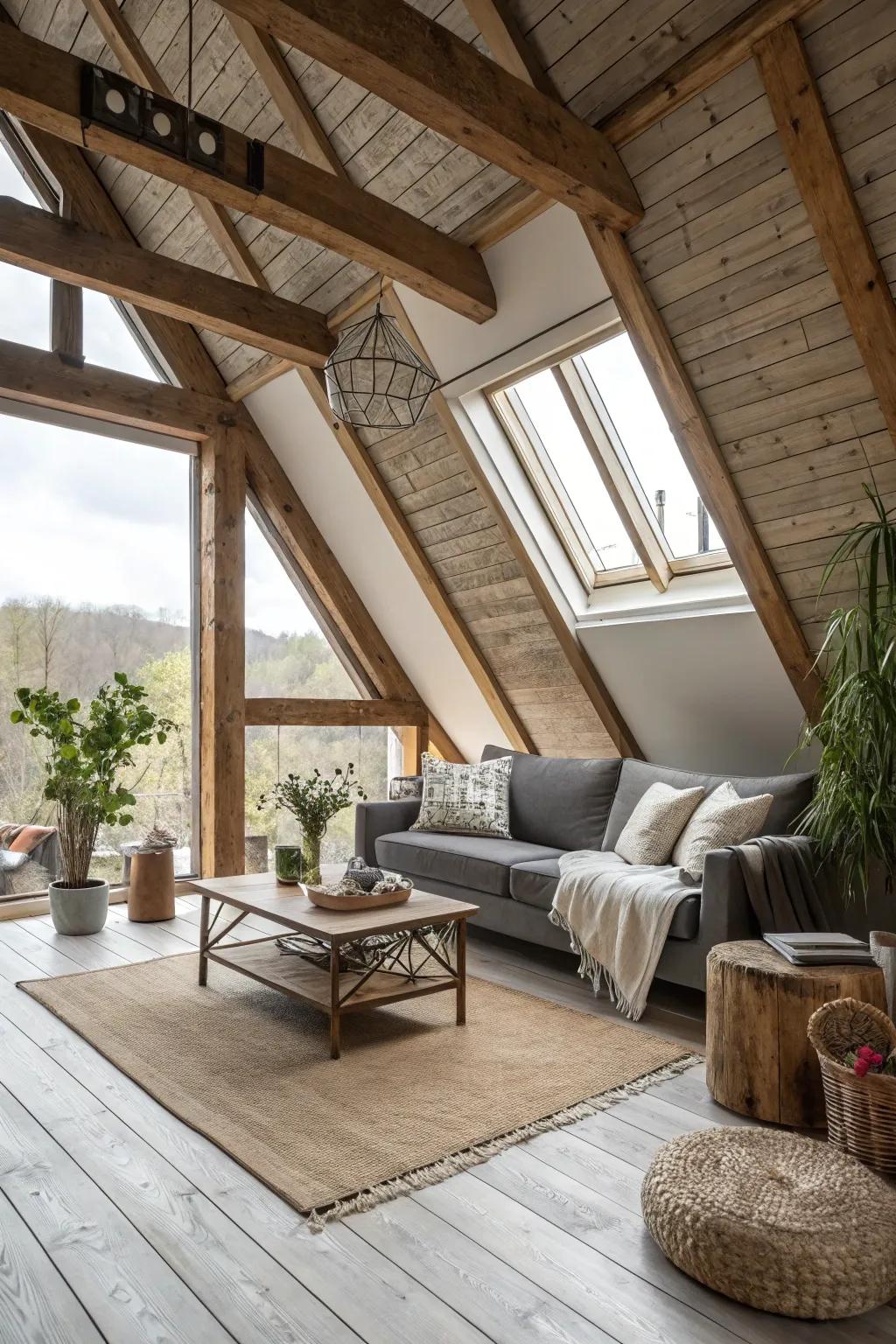 Harmonize modern and rustic elements to attain a balanced attic composition.