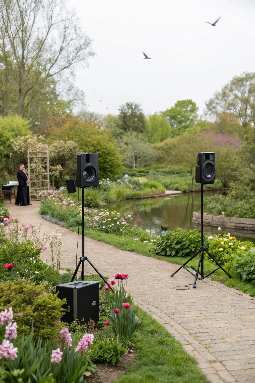 A tranquil garden atmosphere enriched through calming music.