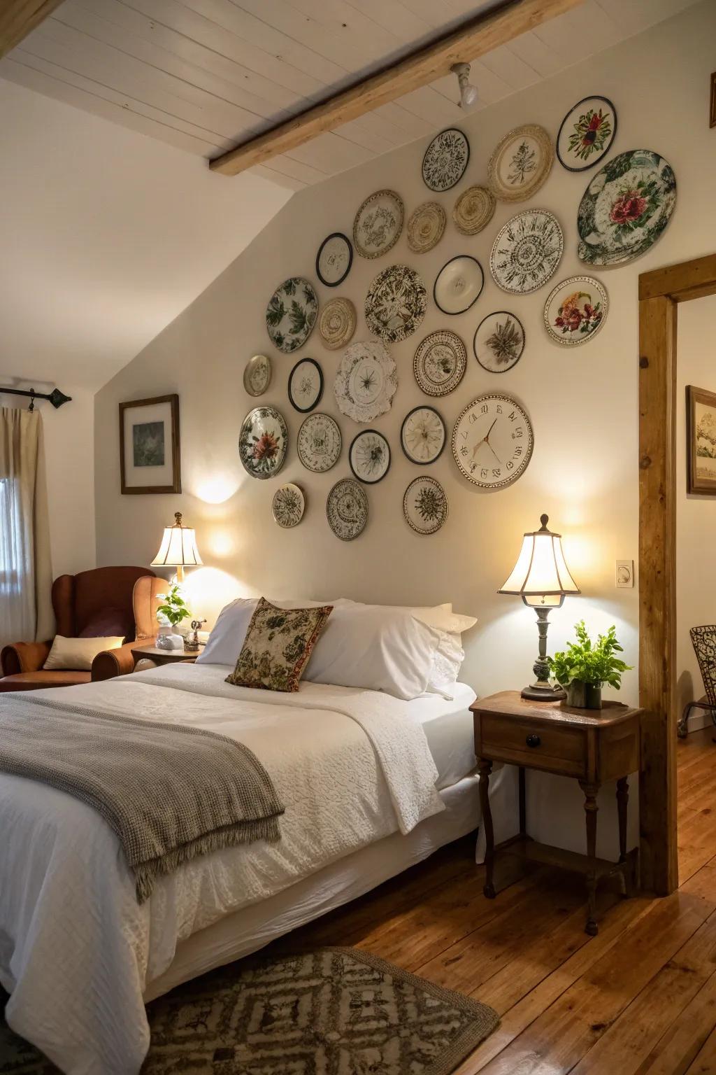 An intriguing display of vintage dishes over the bed offers an appeal that is both unique and charming.