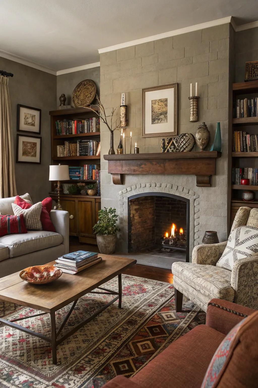 An eclectic blend of decor infuses character and allure above the fireplace.
