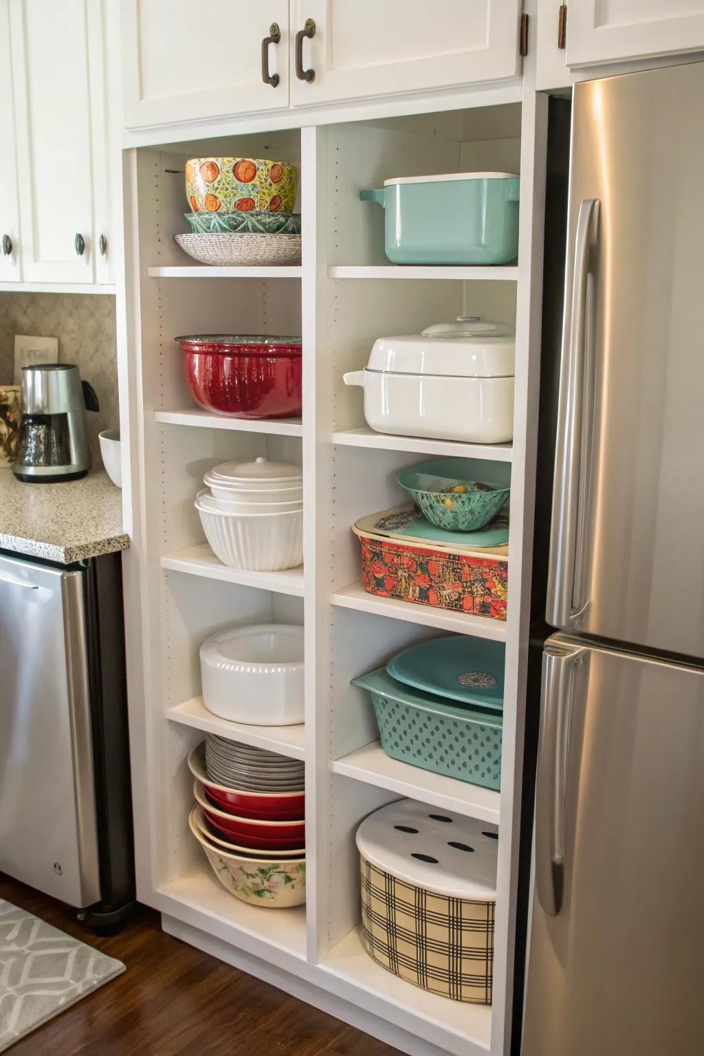 Unique cubbies provide storage and style for bakeware.