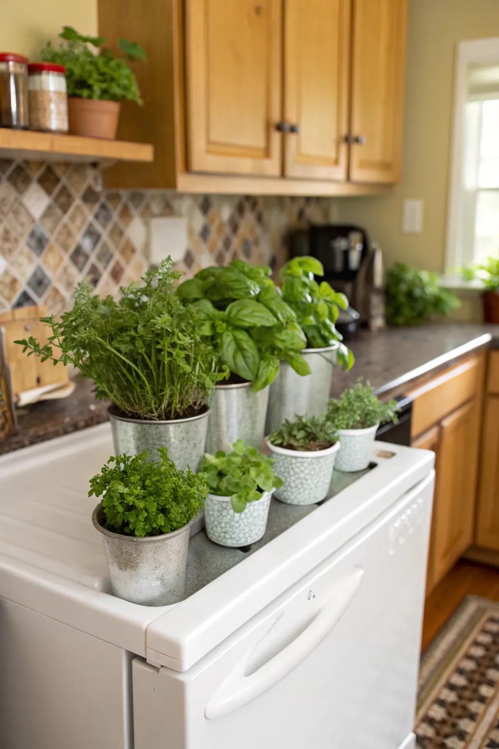 A small herb garden supplies fresh ingredients and serves as lovely decor.