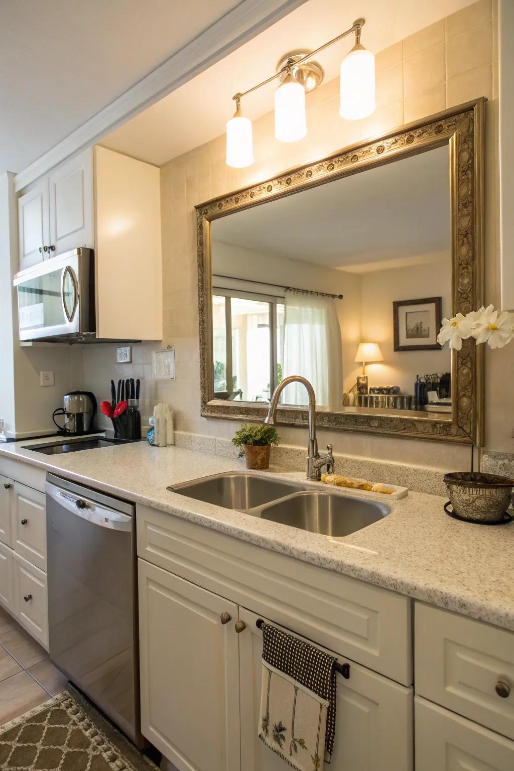 Mirrors expand space and brighten cooking areas.