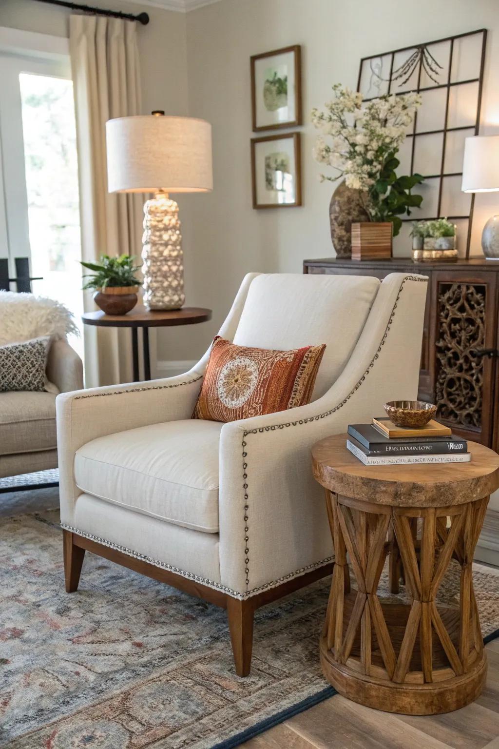 A contemporary chair paired with rustic decor crafts an eclectic appeal.