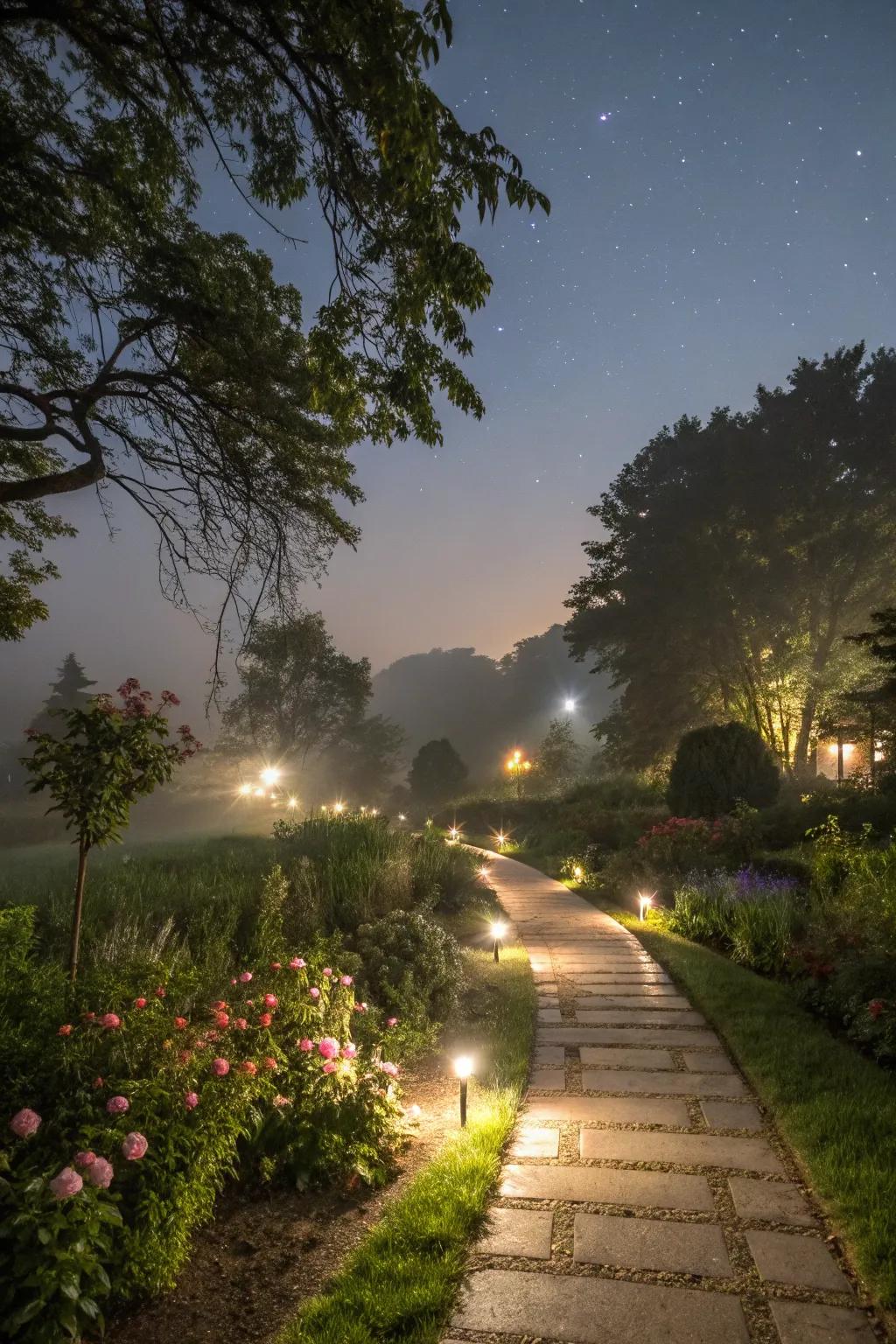 Ground lights make garden paths magical.