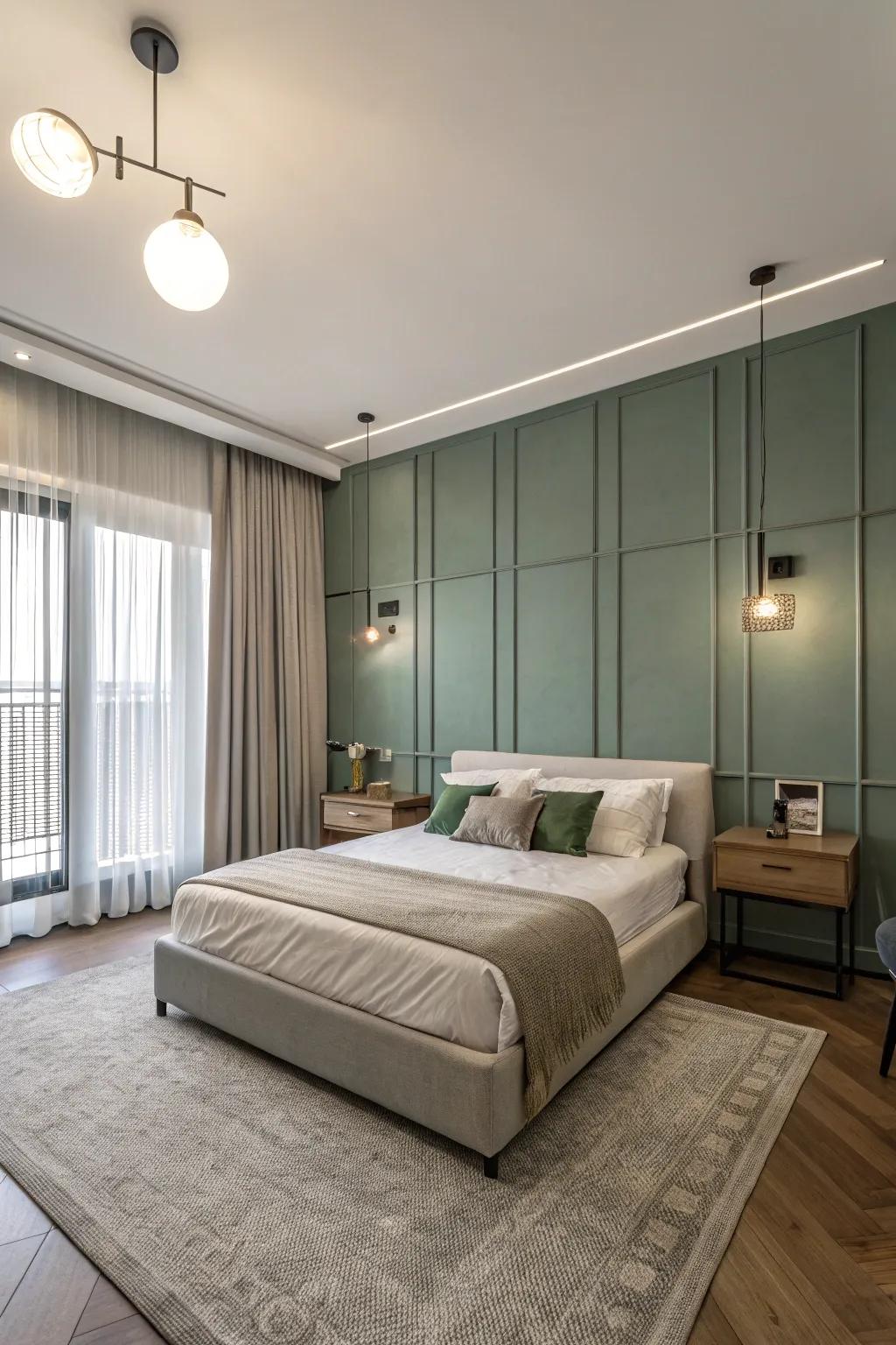 A minimalist accent wall delivers a pristine and sophisticated aesthetic.