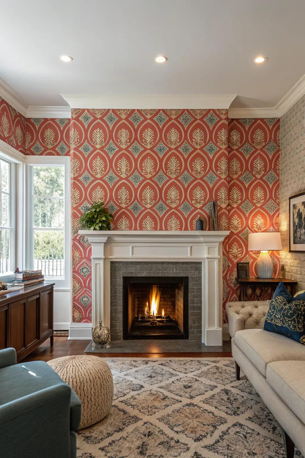 Bold wallpaper transforms the fireplace wall into a statement feature.