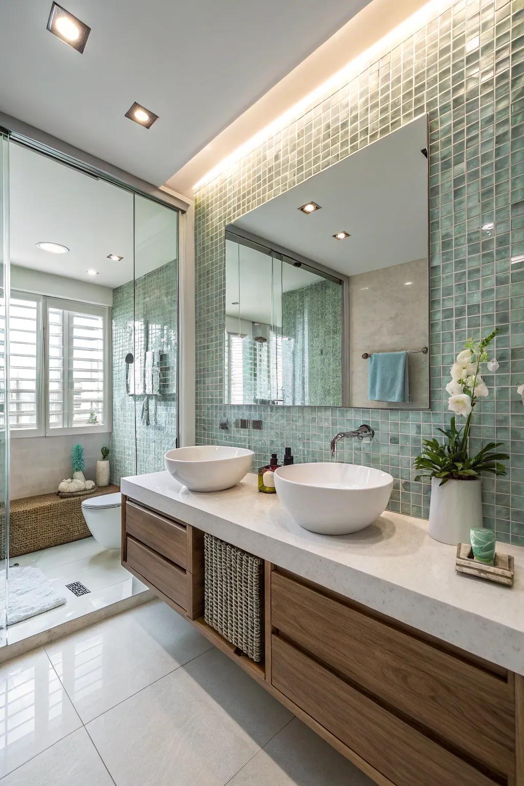 Glass pieces provide a smooth and contemporary aesthetic.