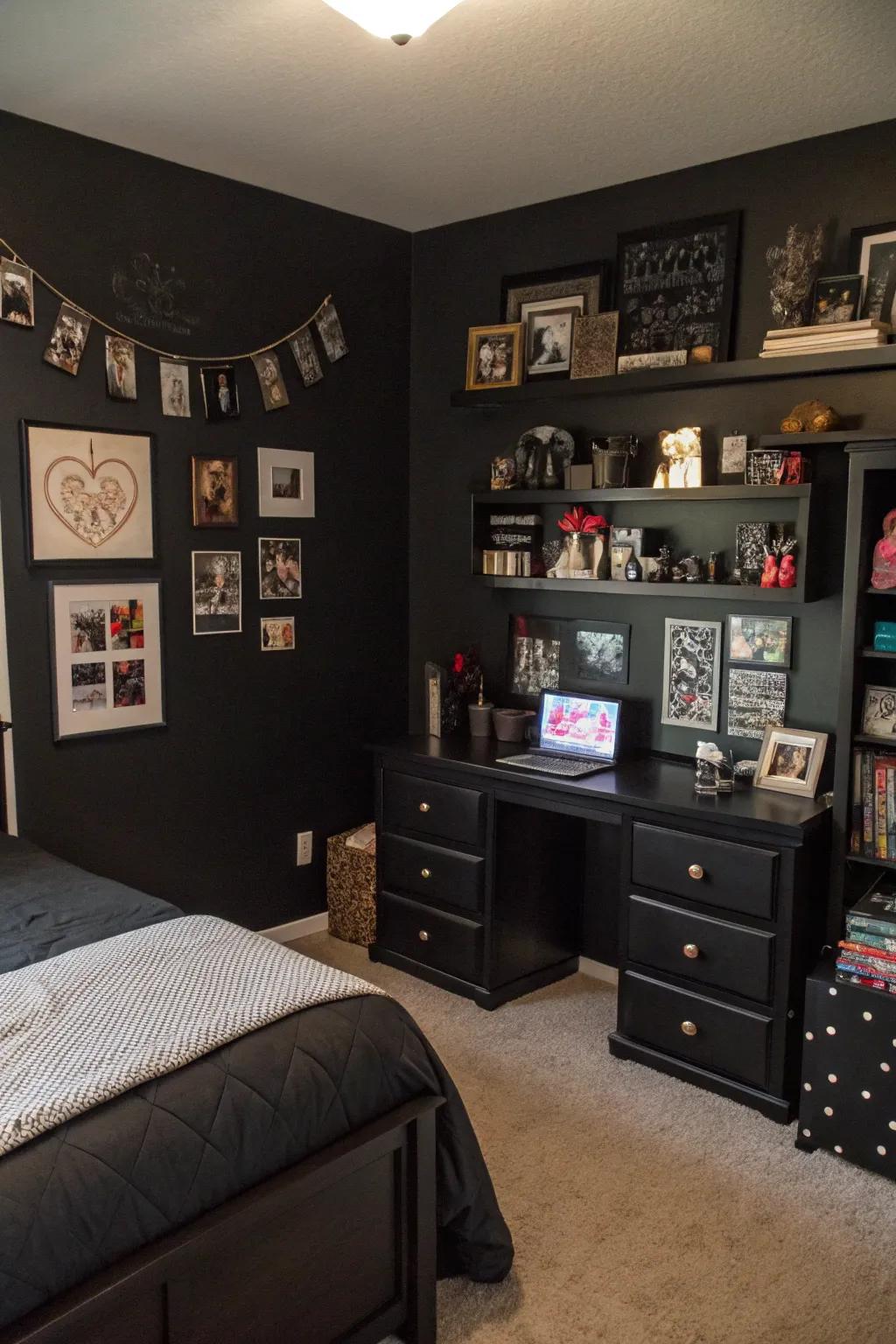 A charcoal boudoir exhibiting personalized embellishing items and mementos.