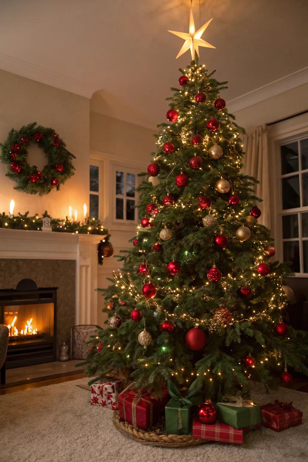 A traditional Christmas tree showcasing the classic vermilion and emerald aesthetic.