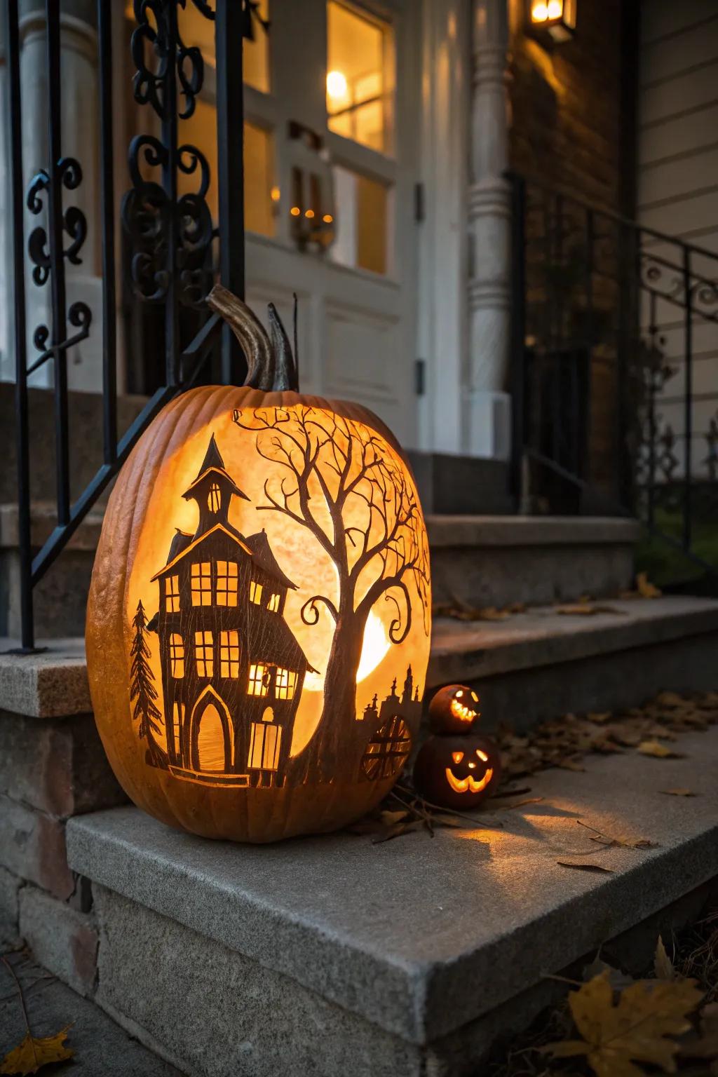 Orchestrate a chilling reception through a haunted manor pumpkin.