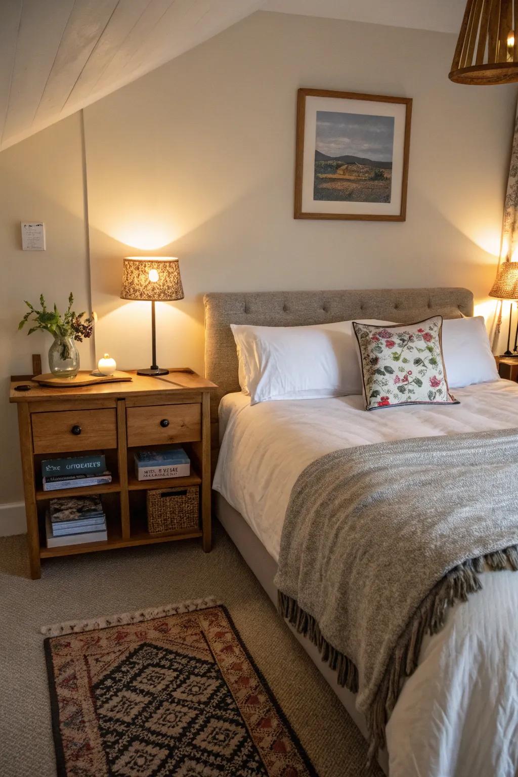 Practical elements improve convenience and comfort in an Airbnb bedroom.