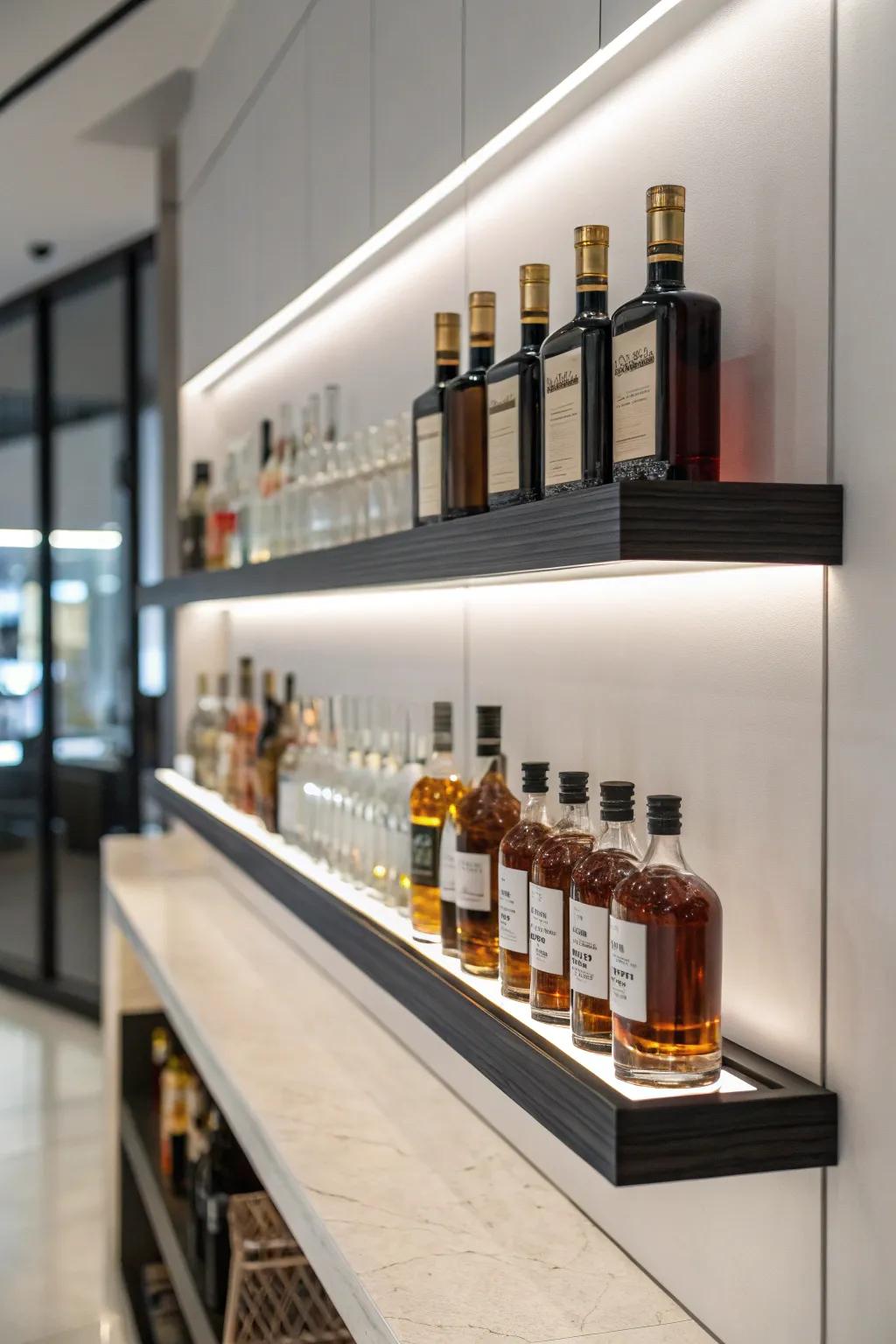 Simple floating shelves displaying a carefully arranged selection of spirit bottles.