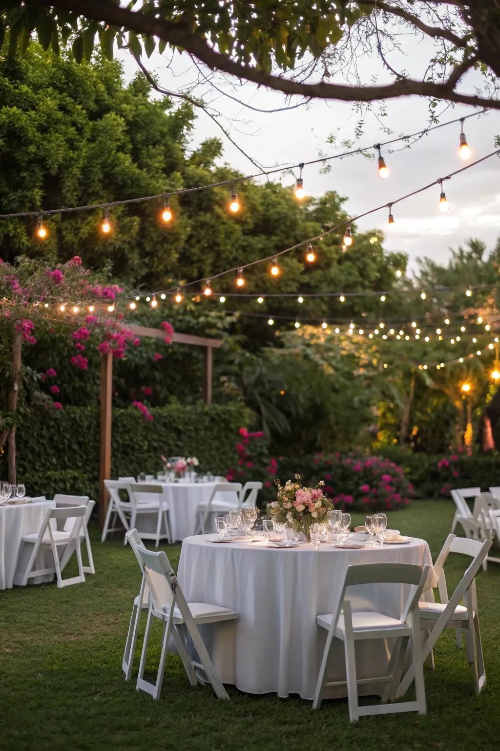 An outdoor all-white dinner setting is both magical and welcoming.