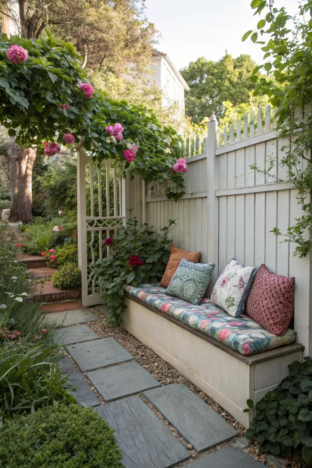 A seat spot makes a cozy yard escape.