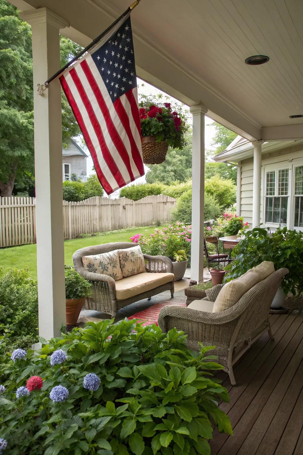 An American flag imparts patriotic charm to this inviting porch.