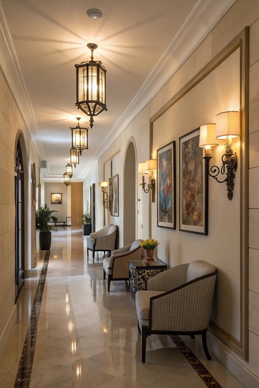 A hallway illuminated by elegant sconces.
