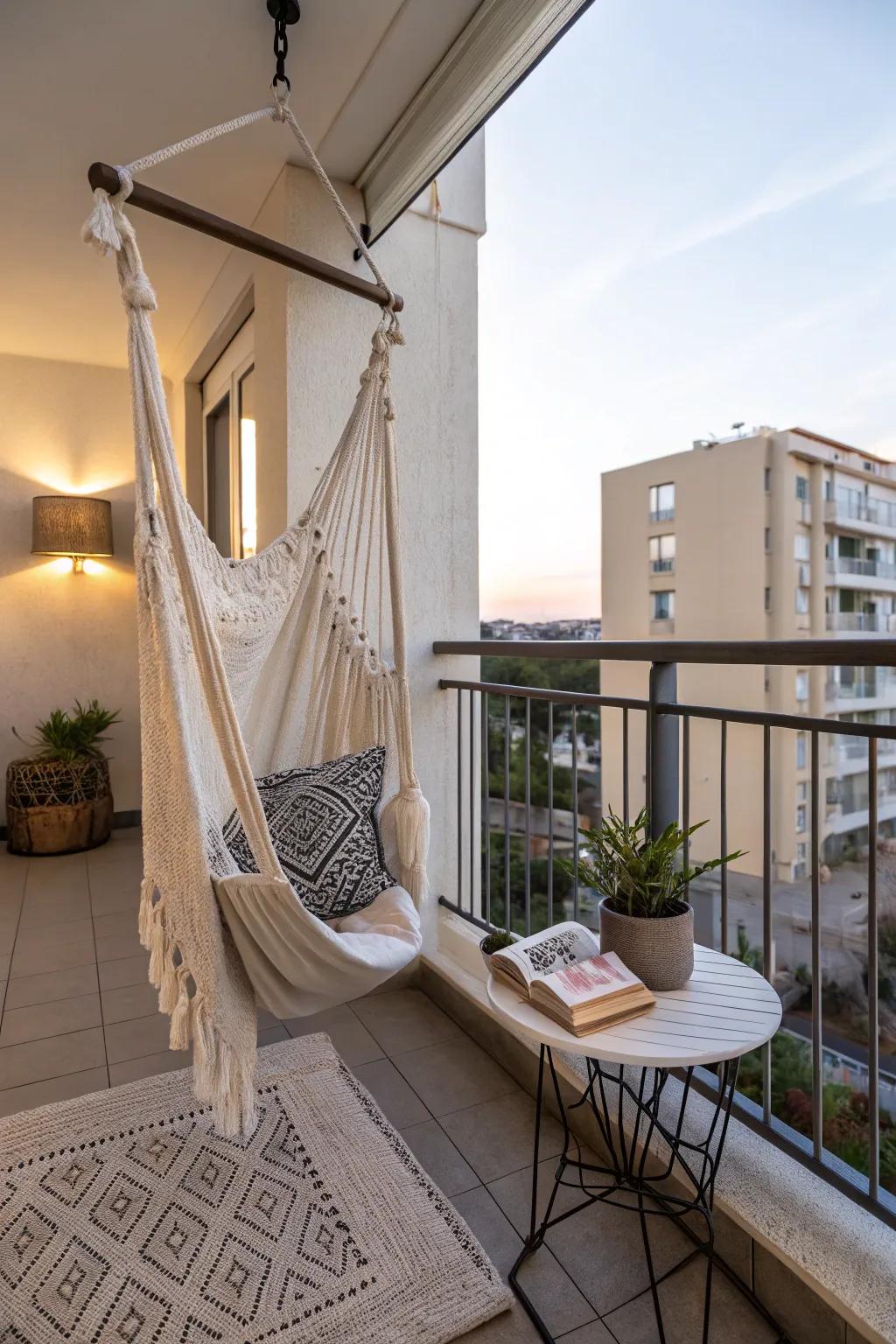 A swing chair adds a hint of whimsy and relaxation.