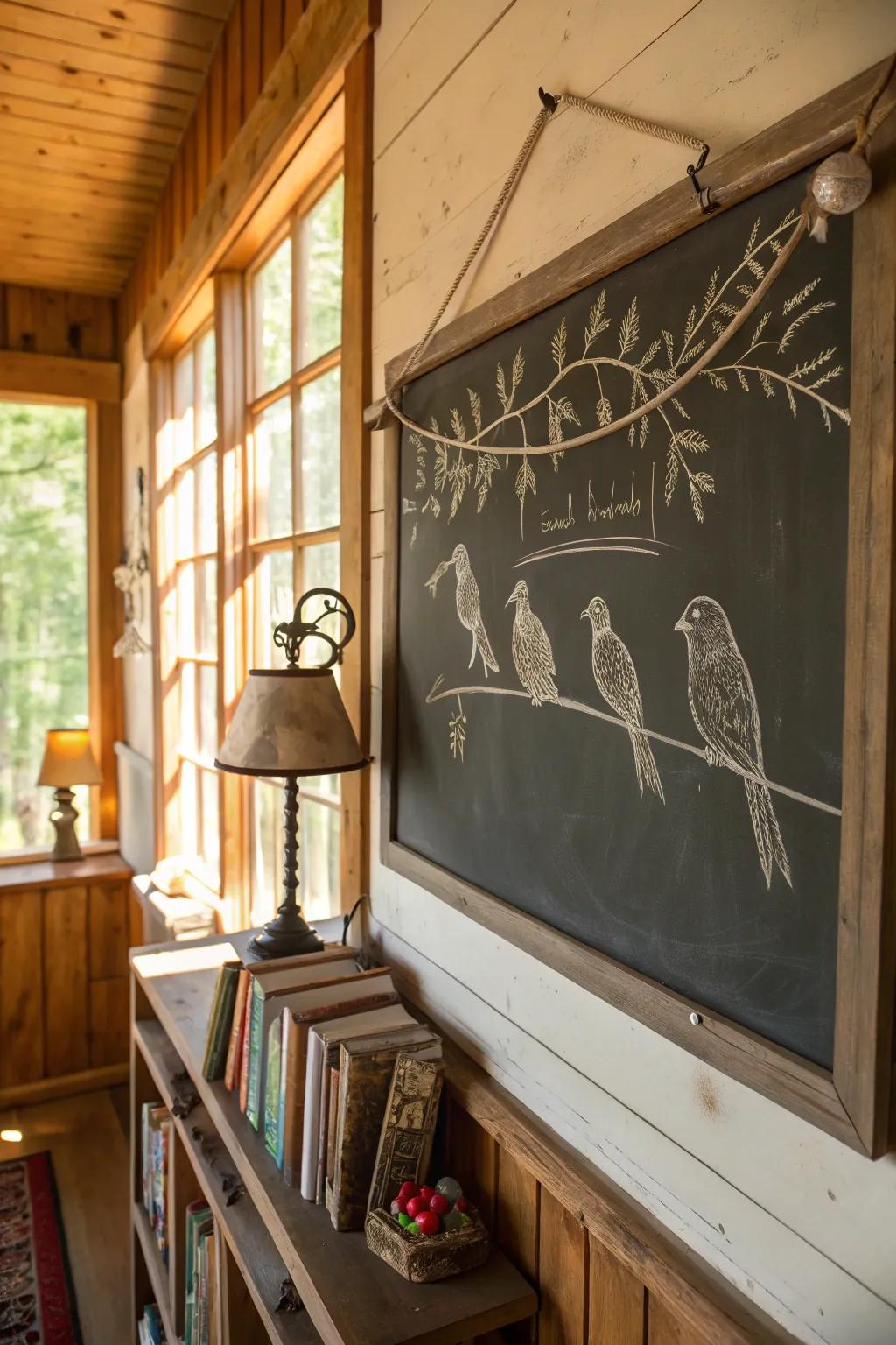 Writing board birds introduce spring melodies within spaces.