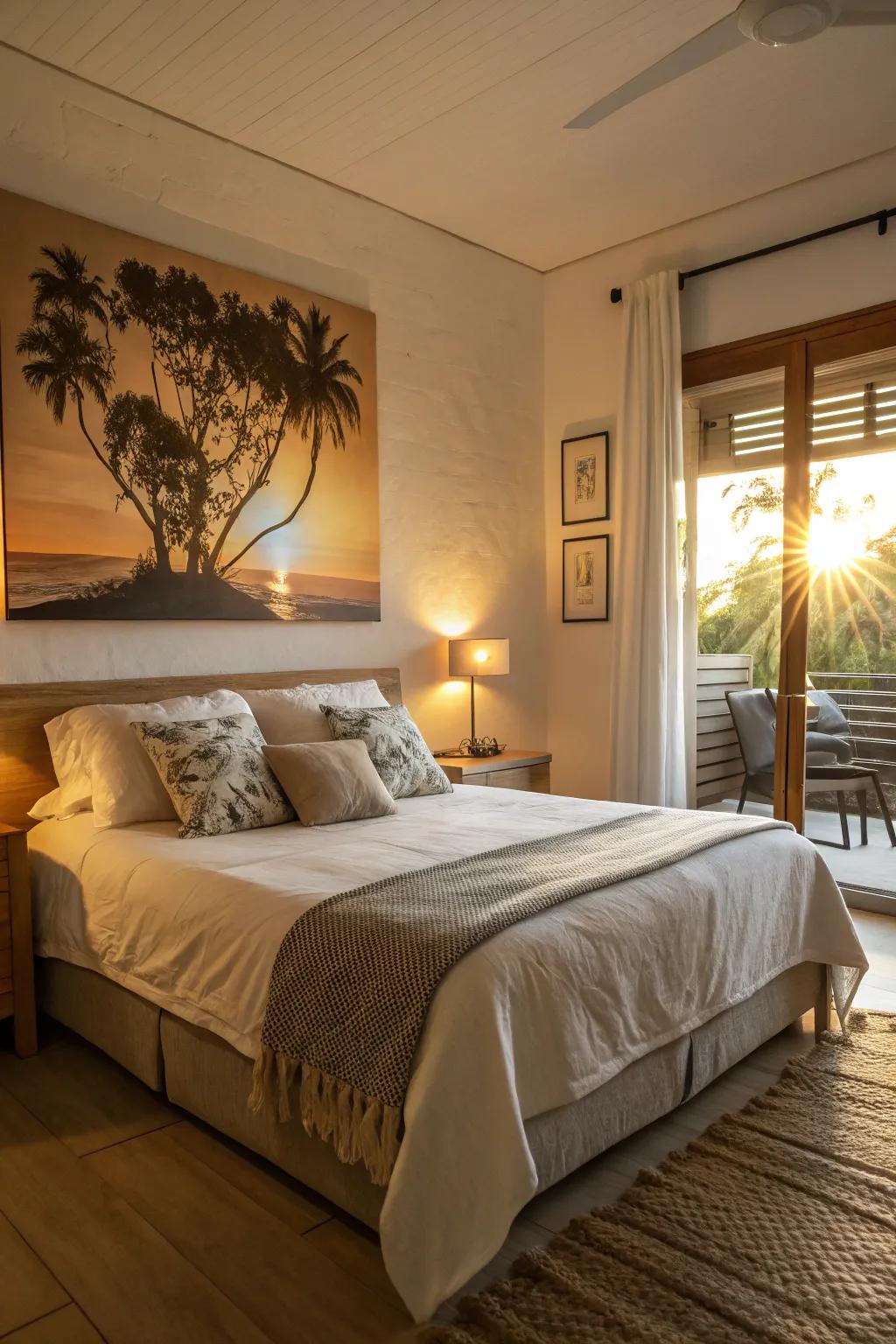 A daybreak outline drawing lends warmth and a serene mood to this bedroom.