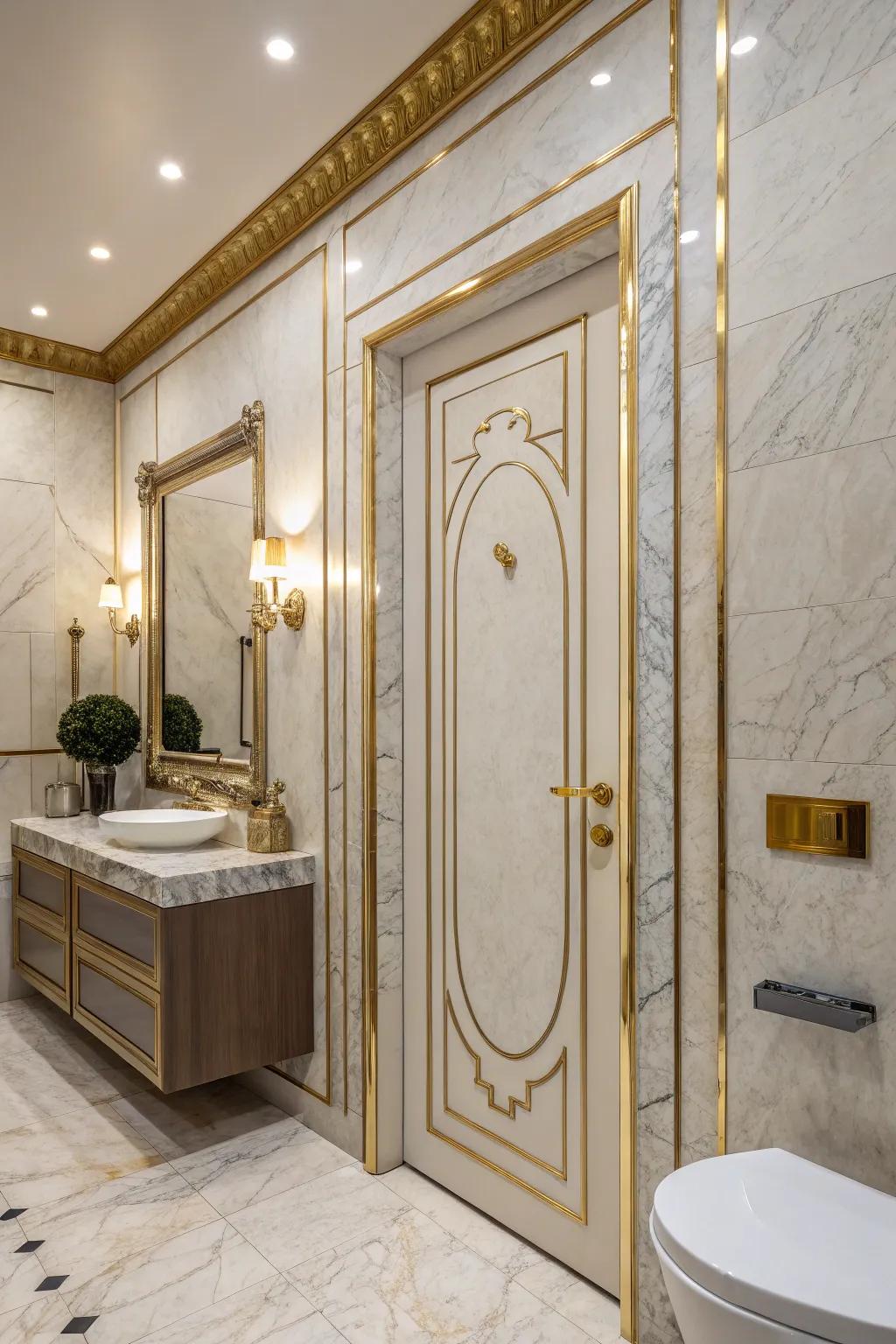 A door with shimmering accents that enhances a luxurious ambiance to the space.