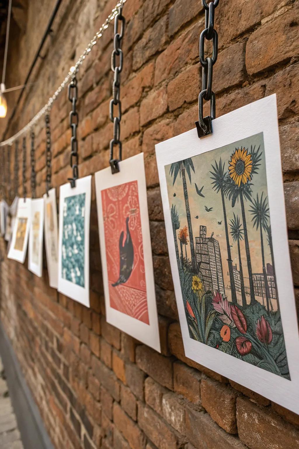Art prints suspended from ligatures for an industrial aesthetic.