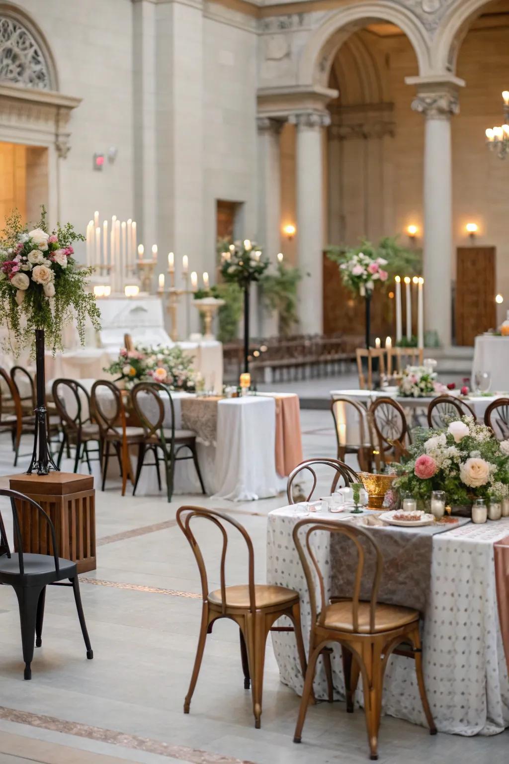 Combining furnishing styles conjures a snug and varied wedding atmosphere.