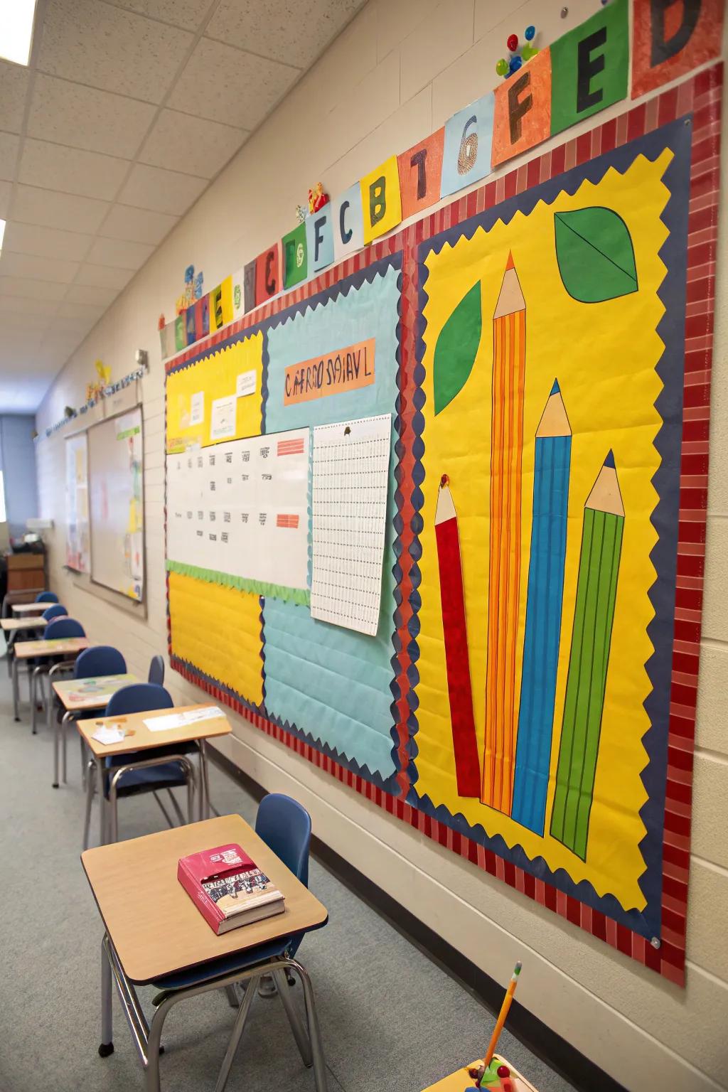 School supply-oriented bulletin board, set for a new academic term.