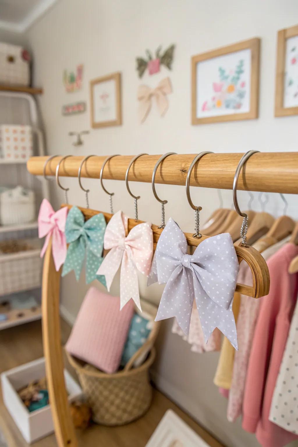 A rustic wooden rod system for organizing baby bows.