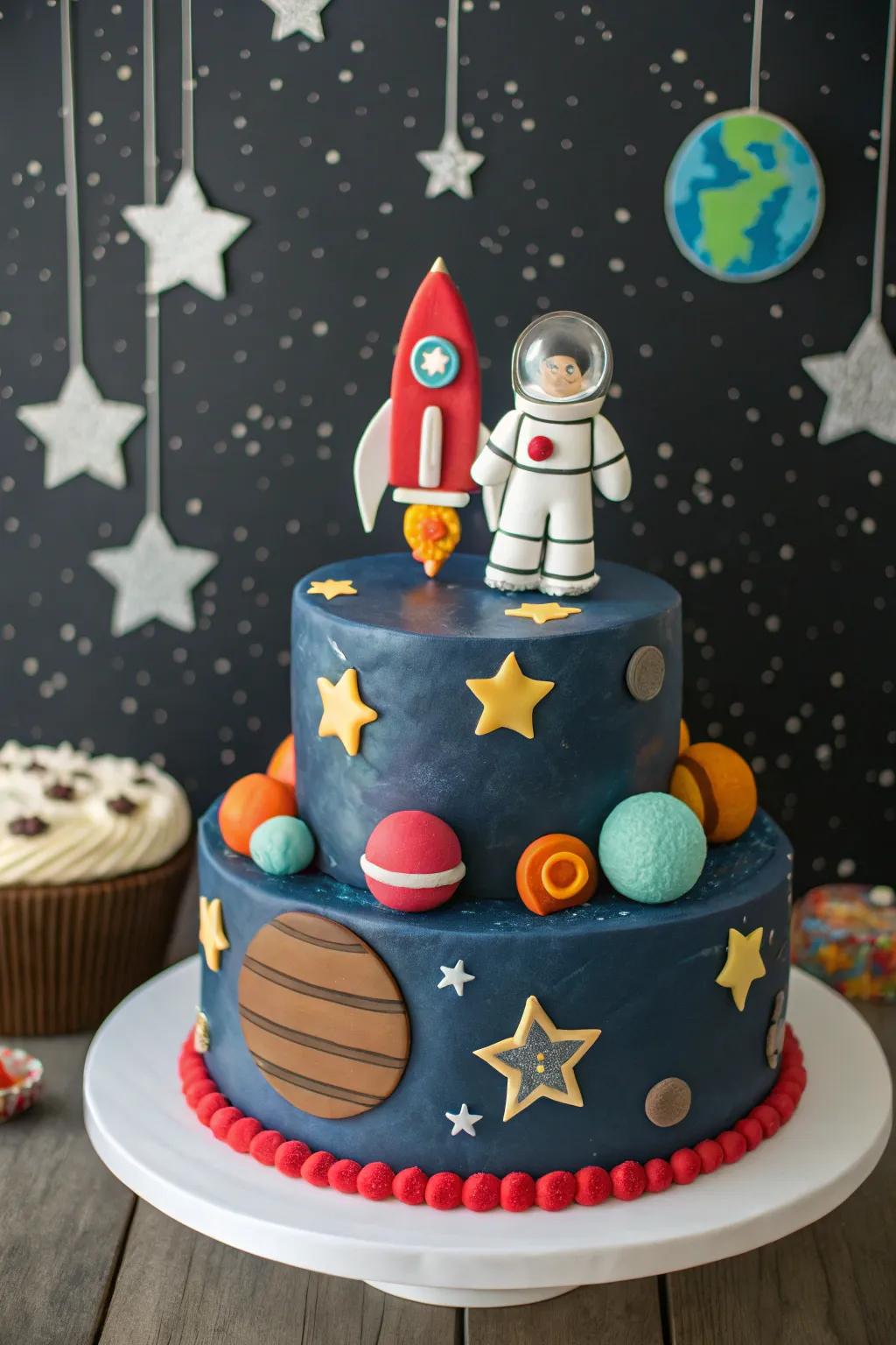 A space-inspired cake all set for an intergalactic birthday adventure.