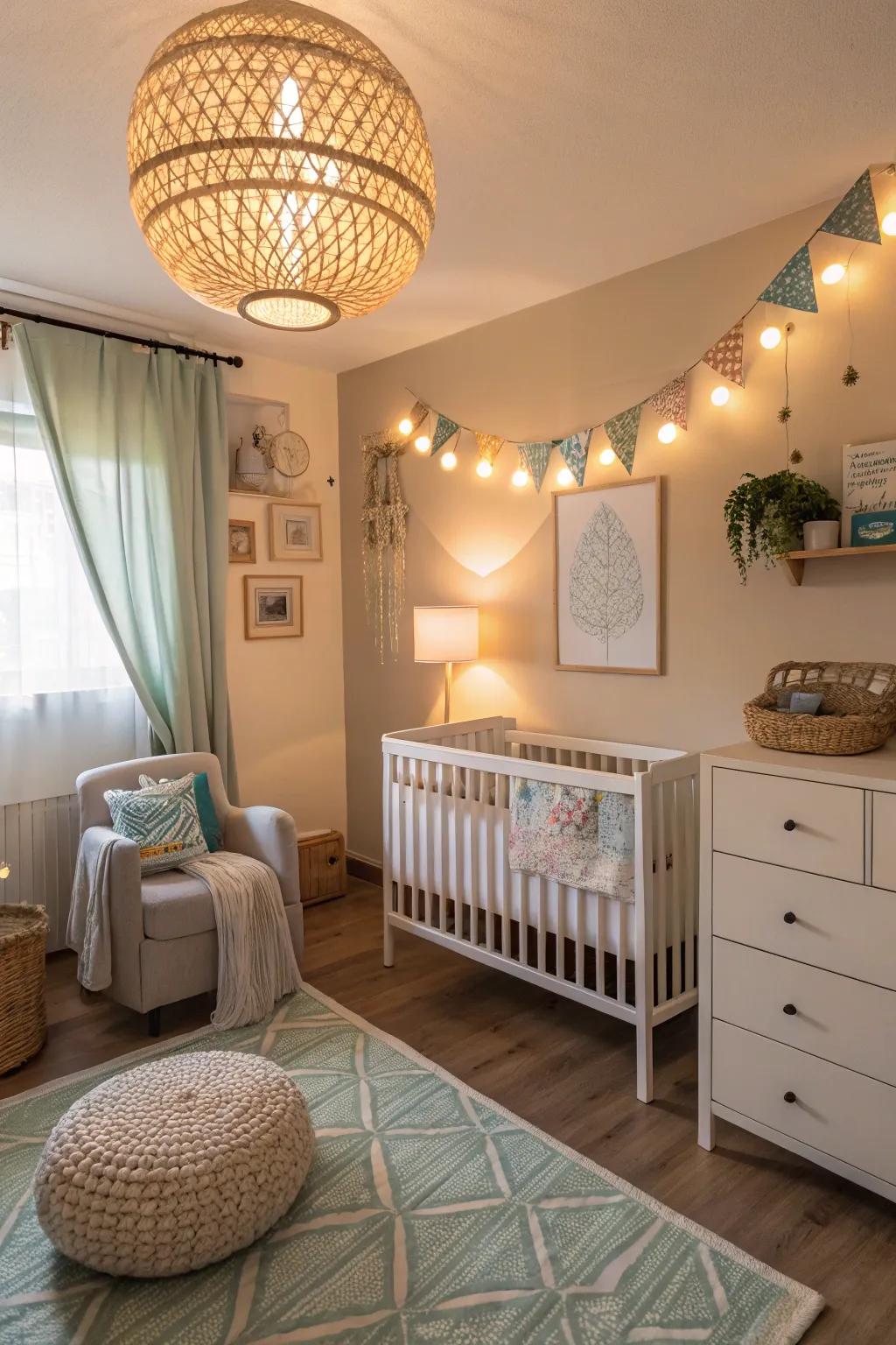Environmentally conscious chic lighting establishes a welcoming and cozy atmosphere.