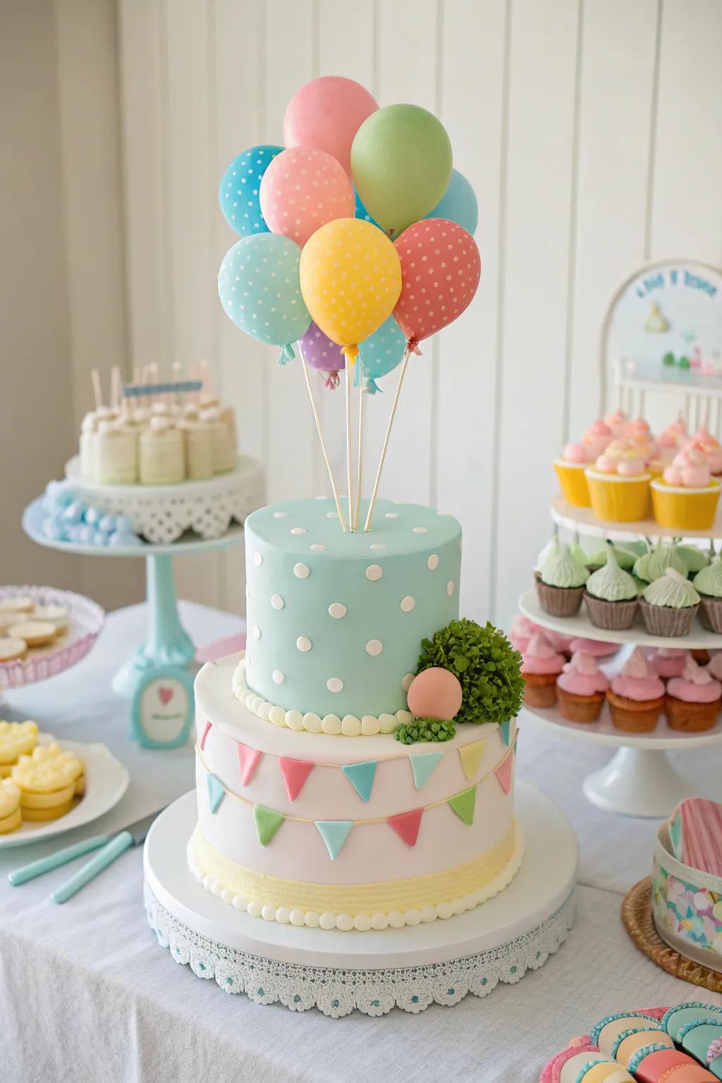 A cheerful cake showcasing balloons for a baby boy shower.