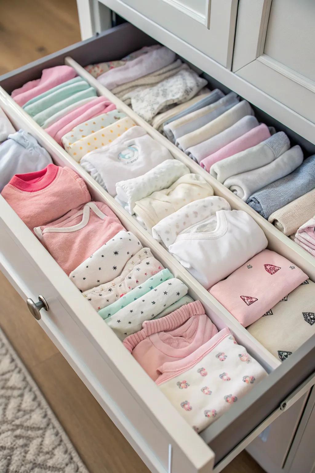 Efficient folding techniques enhance drawer storage for baby clothes.