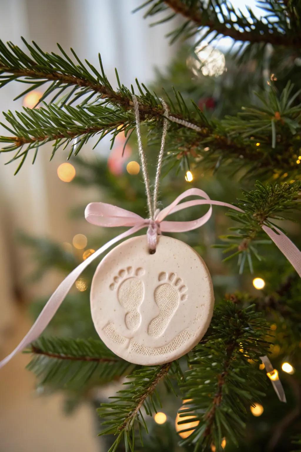 A beguiling footprint ornament destined for grandma's Yuletide embellishments.
