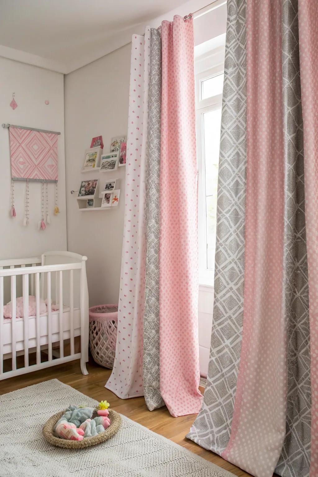 Textured drapes in rose and ash frame the nursery exquisitely.