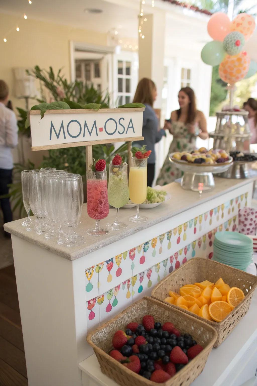A fanciful drink station featuring a 'Mom-osa' option provides refreshing choices for visitors.