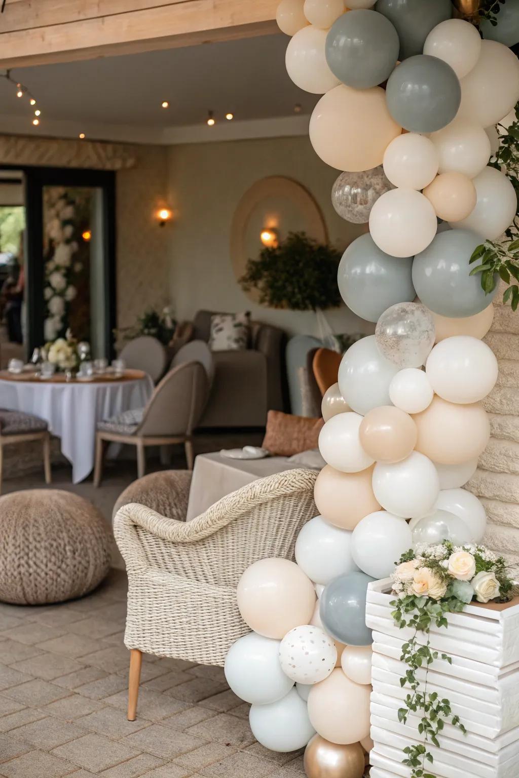 A seating zone adorned with neutral-toned balloons.
