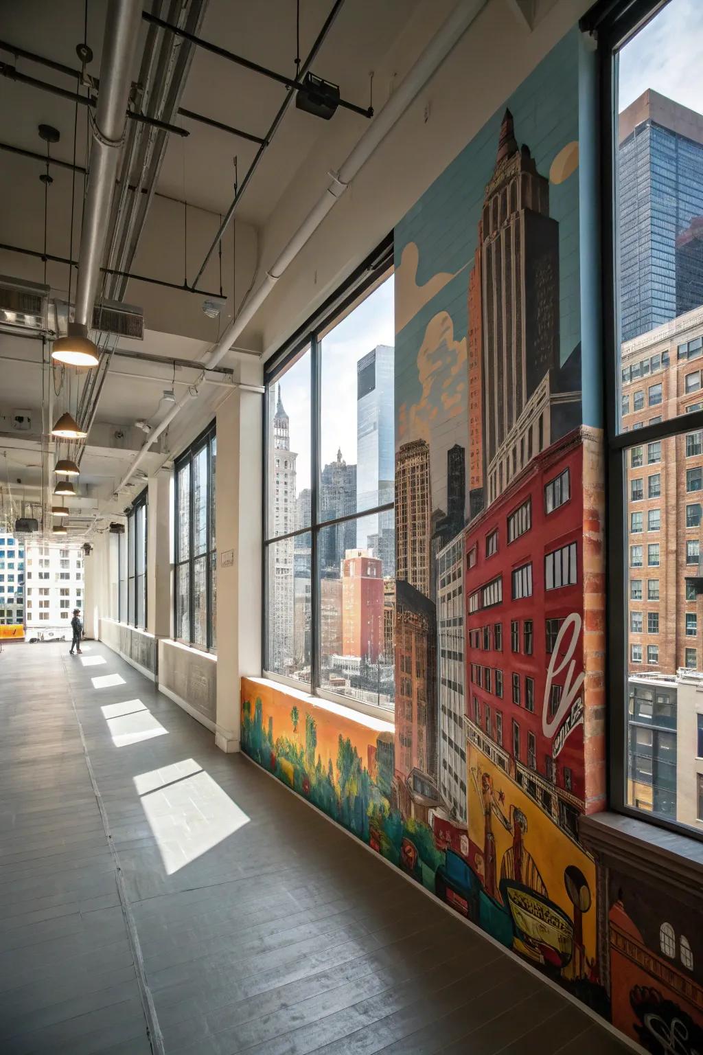 A loft with an urban mural featuring cityscapes or street art.