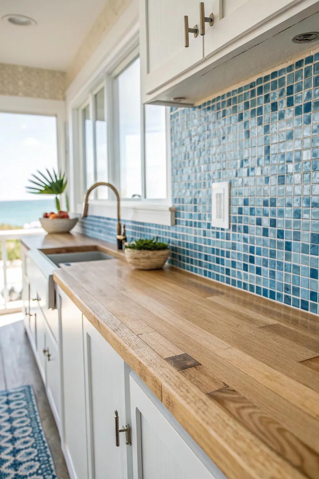 Capture coastal peace using a blue combined backsplash.
