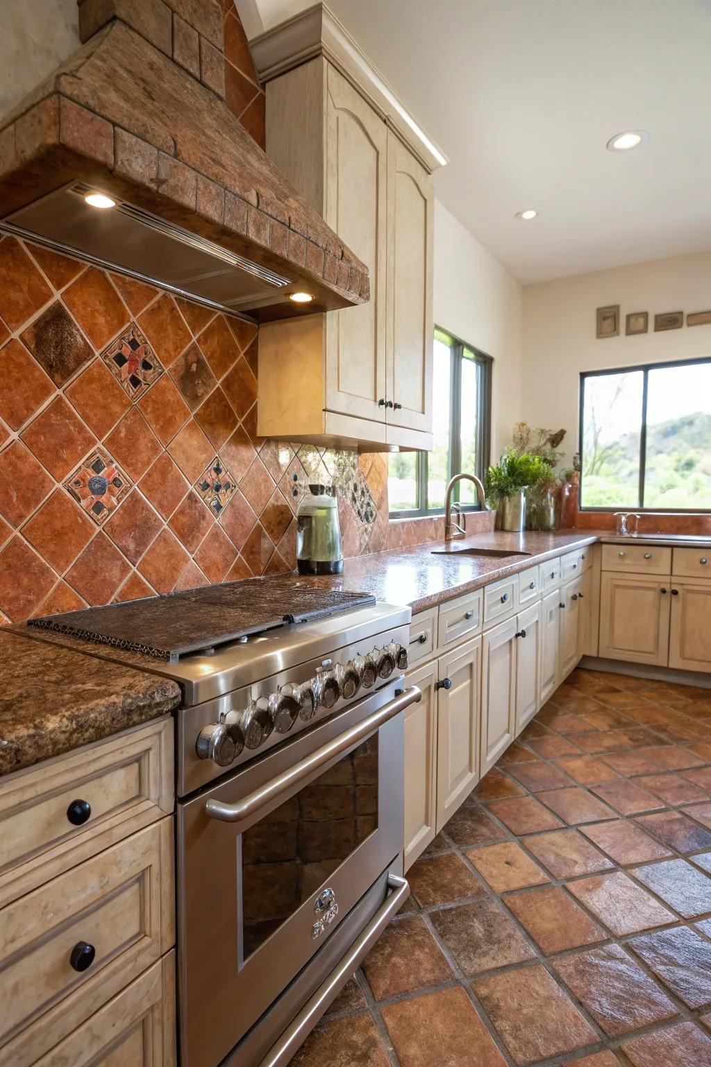 Clay tiles amplify the earthy tints of fantasy brown granite.