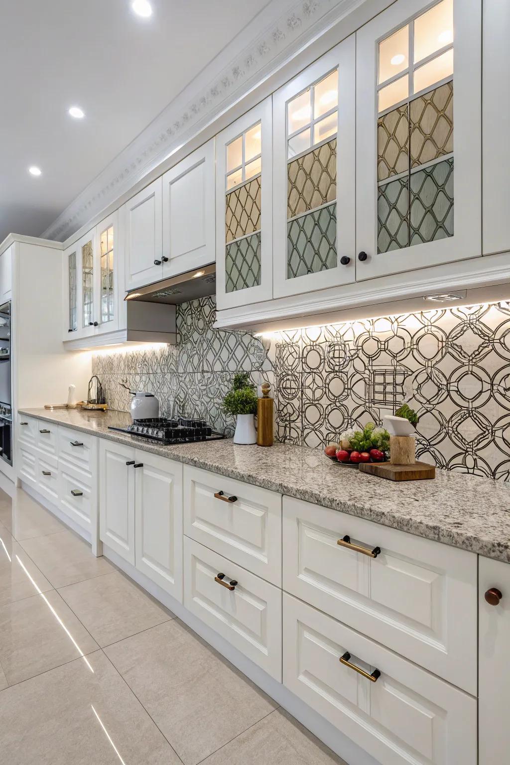 Geometric patterns give the kitchen a striking and fashionable touch.